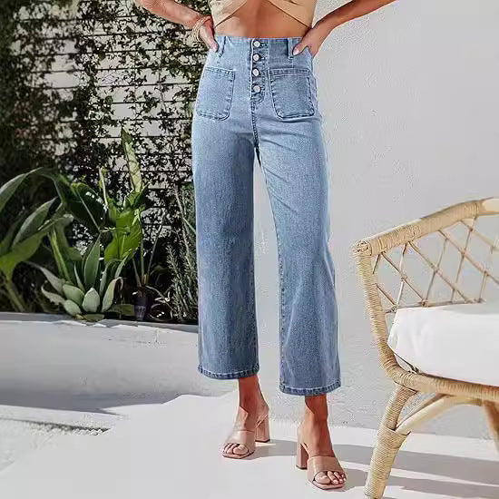 Damer høyhalsa jeans med knapppreget og vid ben Skjora
