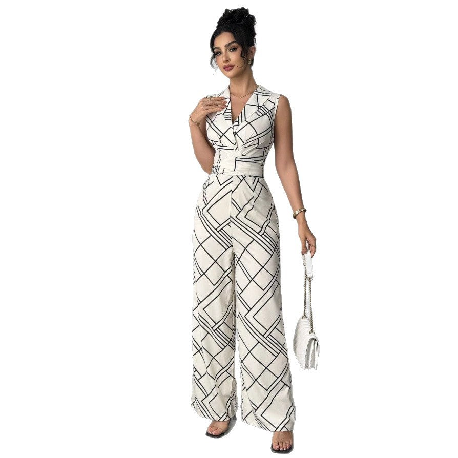 Dame Elegant Jumpsuit med geometrisk mønster og innsvingt passform Skjora