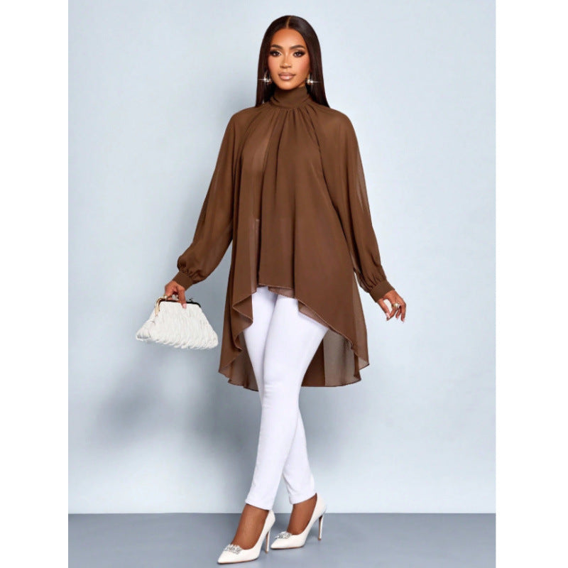 Dame Elegant Langermet Bluse med asymmetrisk nederkant og stående krage Skjora