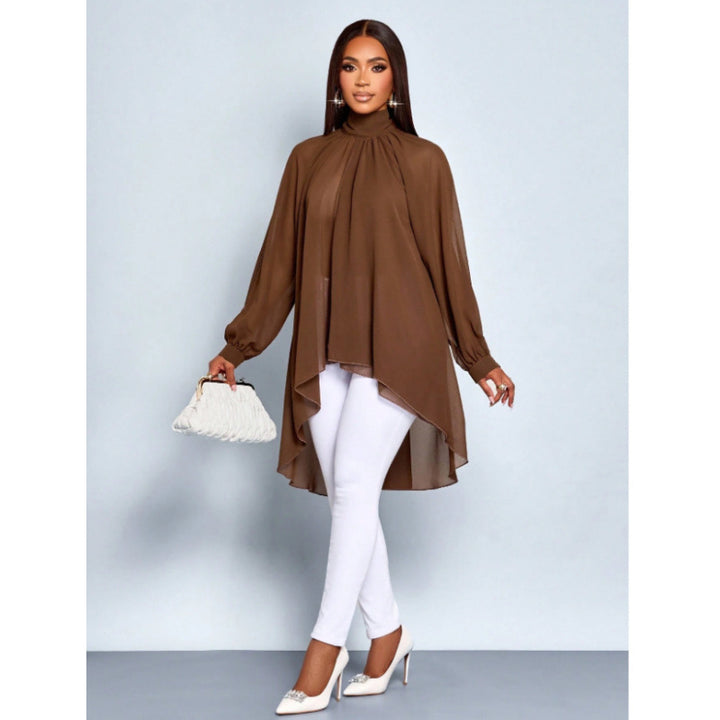 Dame Elegant Langermet Bluse med asymmetrisk nederkant og stående krage Skjora