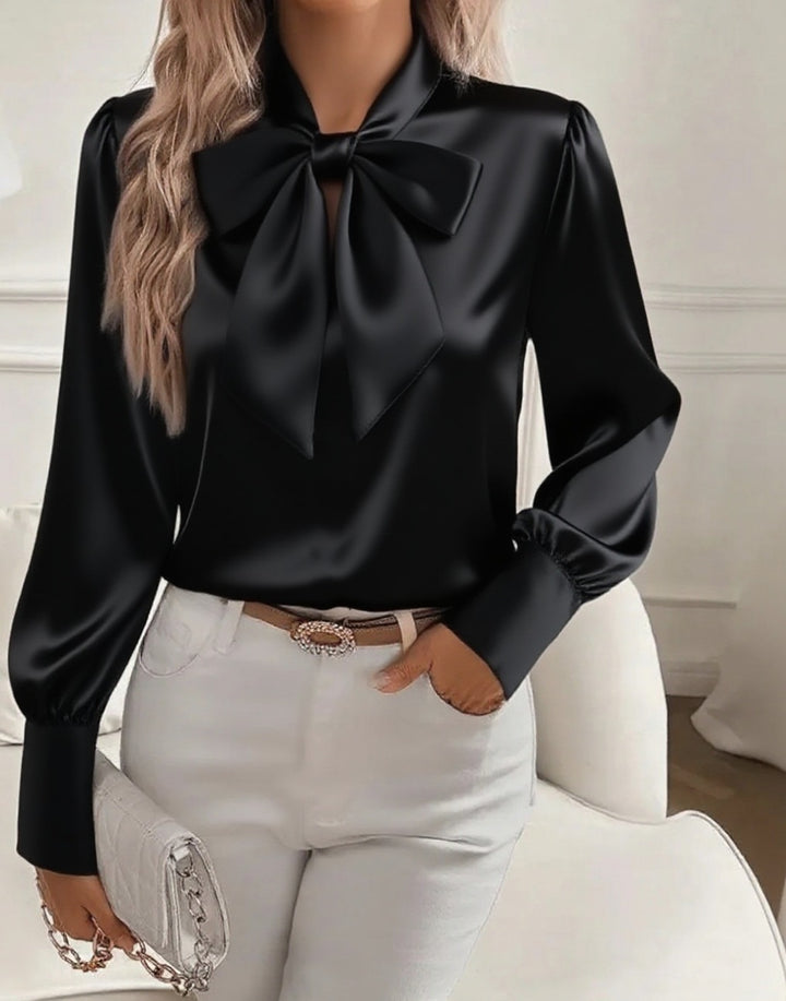 Dame elegant satengbluse med sløytekrage og pufferm Skjora