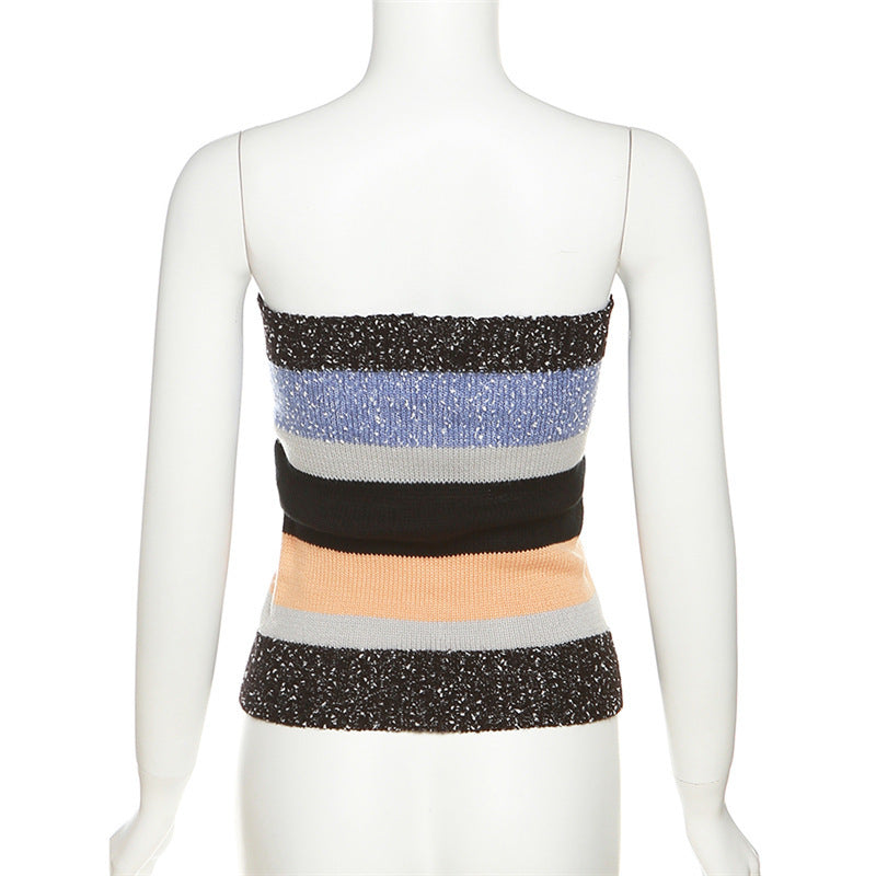 Dame Bandeau-top med fargerike striper og dekorative knapper Skjora