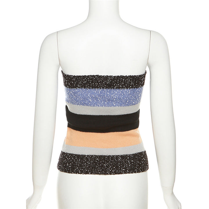 Dame Bandeau-top med fargerike striper og dekorative knapper Skjora
