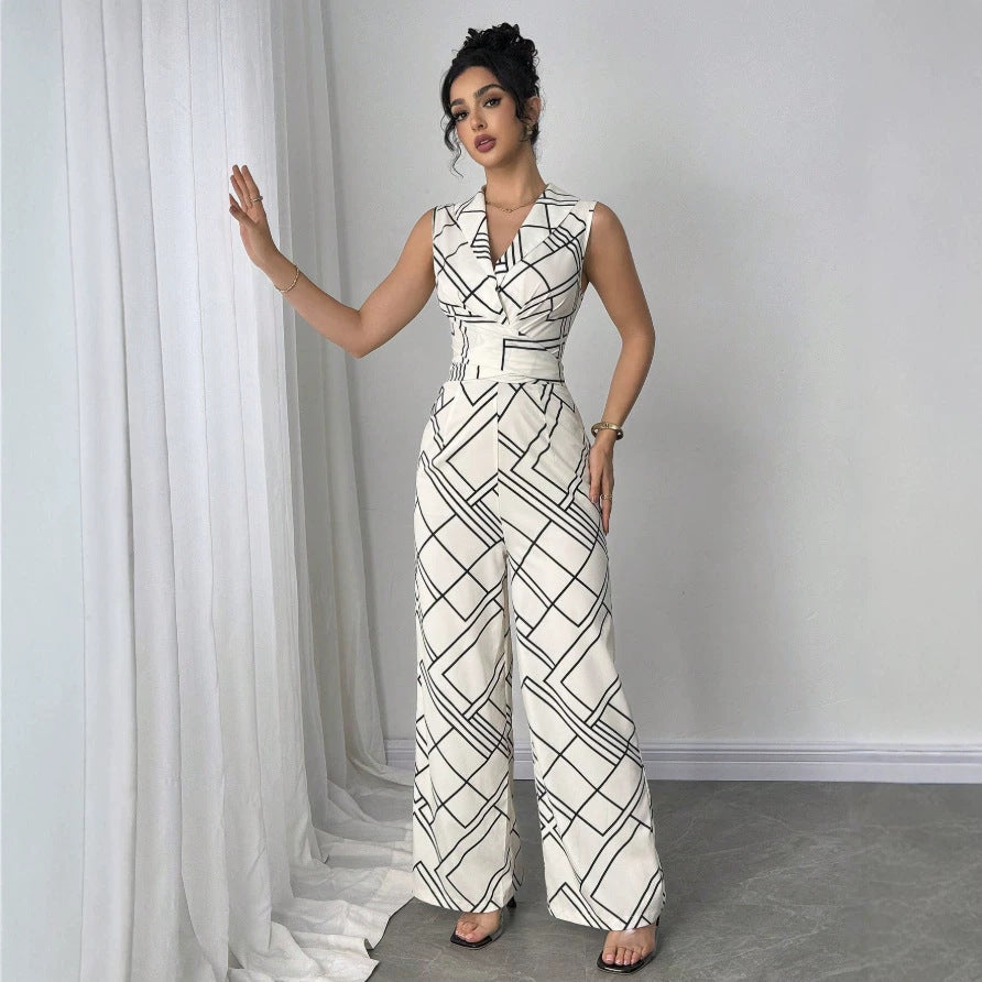 Dame Elegant Jumpsuit med geometrisk mønster og innsvingt passform Skjora