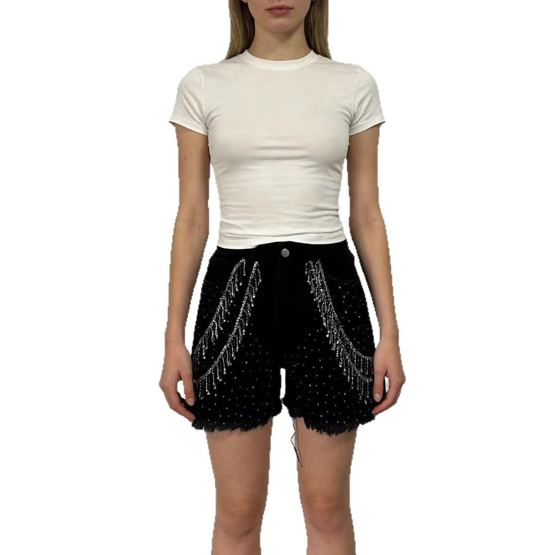 Dame Designer Denim-Shorts med trendy kjede dekorasjoner Skjora