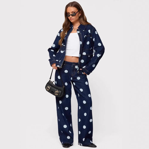 Dame Polka-Dot Denim-set med avslappet snitt og trendy detaljer Skjora