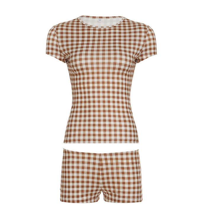 Dame Kortermet topp og shorts-sett i rutete design Skjora