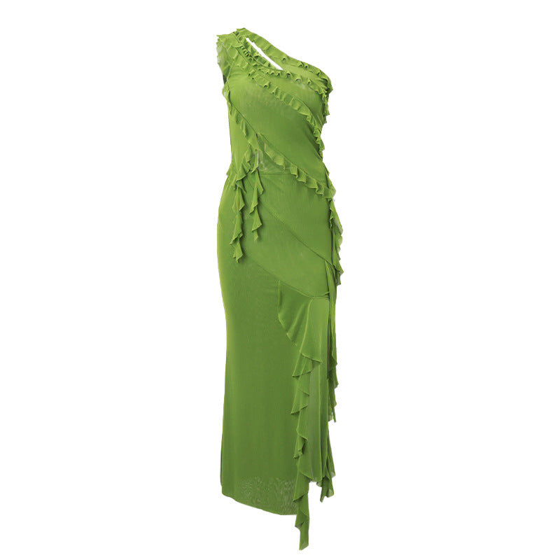 Damer høyhalsede maxikjole med asymmetrisk volangdesign og elegant drapering Skjora