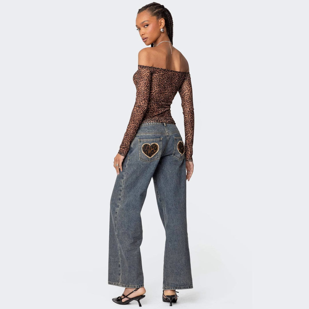 Dame Off-Shoulder Langarmshirt med leopardmønster Skjora