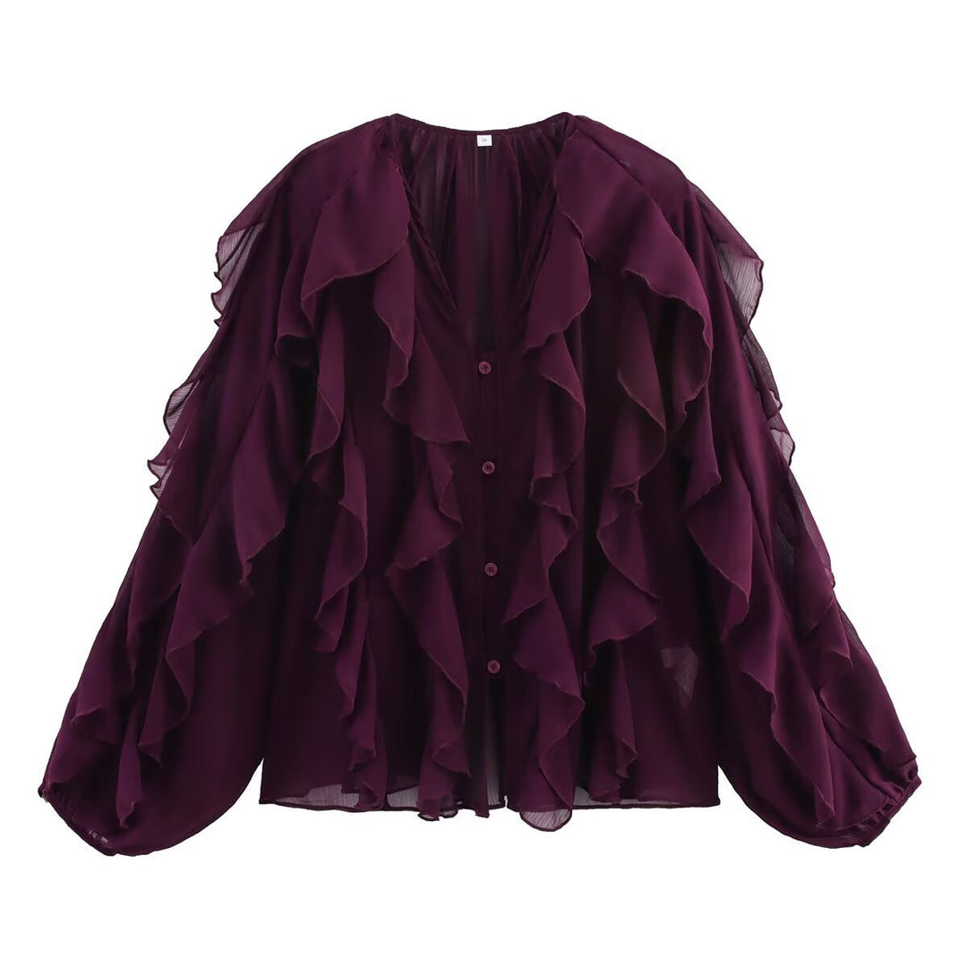 Kvinnes Elegant Volang Bluse med Voluminøse Ermer Skjora