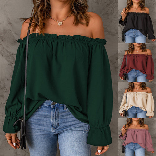 Dame Off-Shoulder Bluse med volangdetaljer og lange ermer Skjora