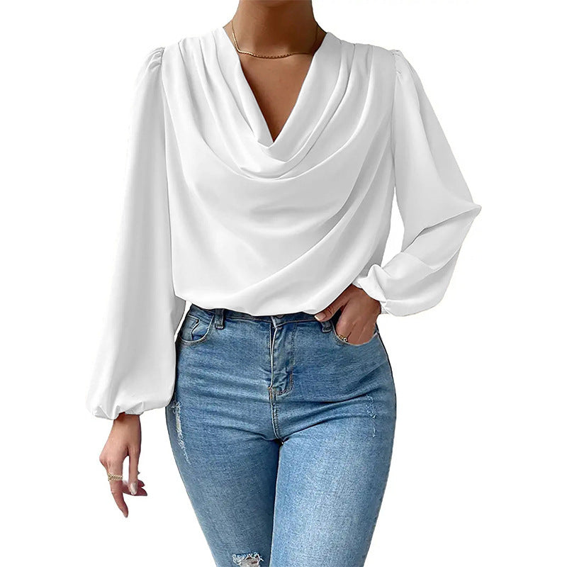 Damer Elegant Langarm-bluse med drapering og vid passform Skjora