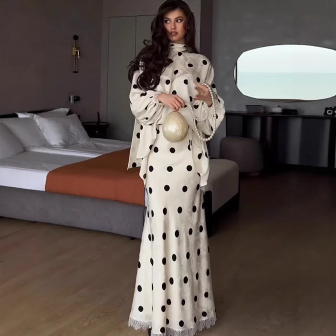 Damer Elegant Maxi Kjole med Dobbel Hem Design og Prikket Mønster