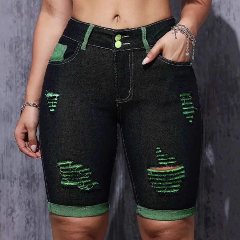 Dame Zdestroyed denim shorts med iøynefallende accenter og høy midje