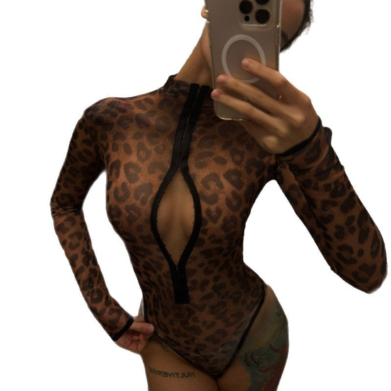 Dame Modisk Bodysuit med dyp V-hals og leopardmønster Skjora
