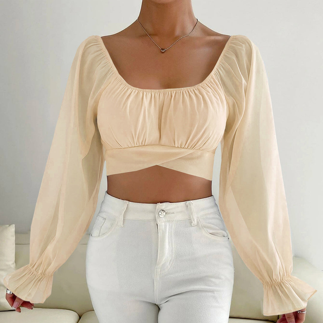 Dame Cropped Bluse med puffede ermer og raffinerte snitt Skjora