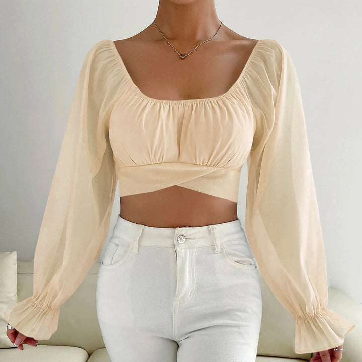 Dame Cropped Bluse med puffede ermer og raffinerte snitt Skjora