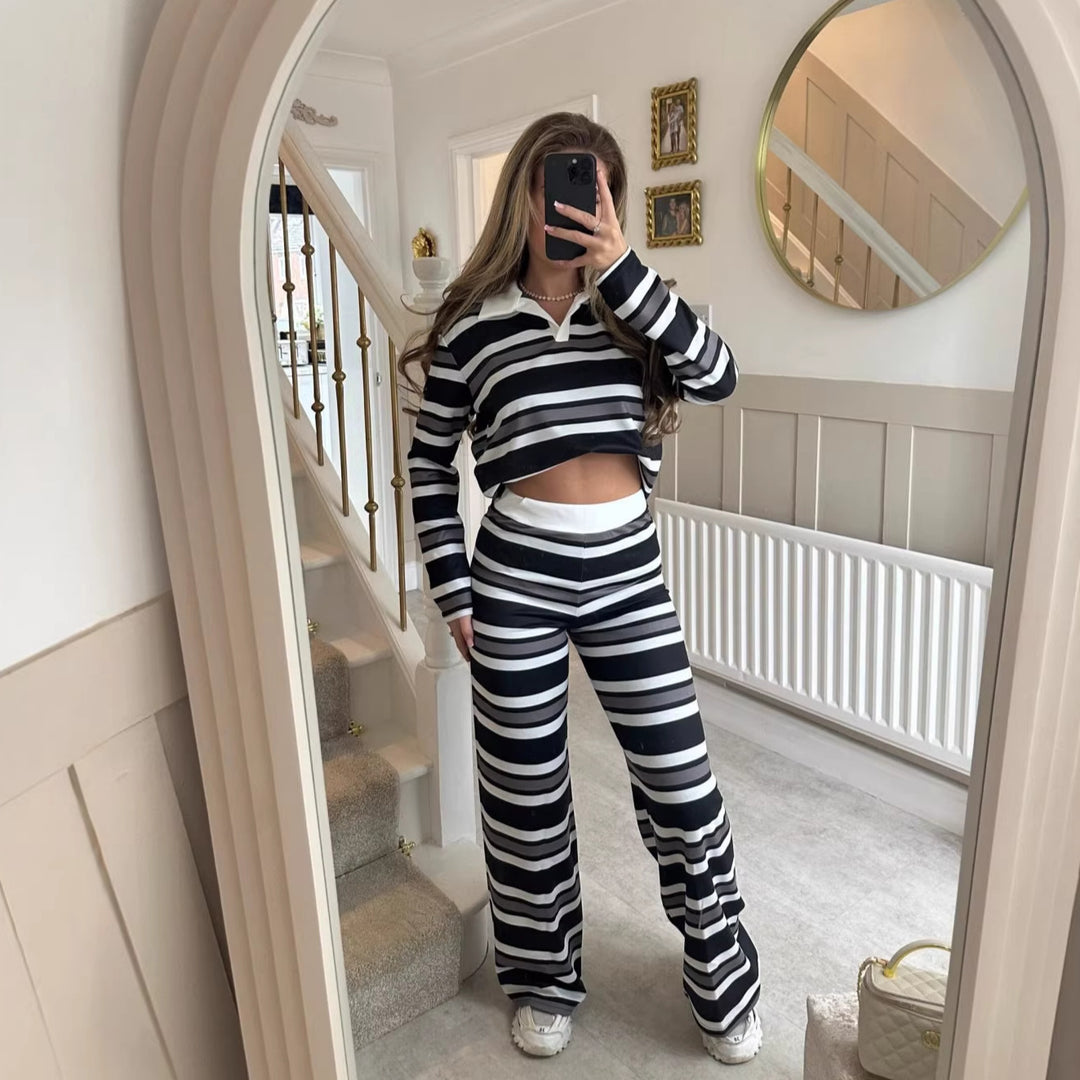 Kvinne stripete loungewear sett med høy midje og klassisk krage Skjora