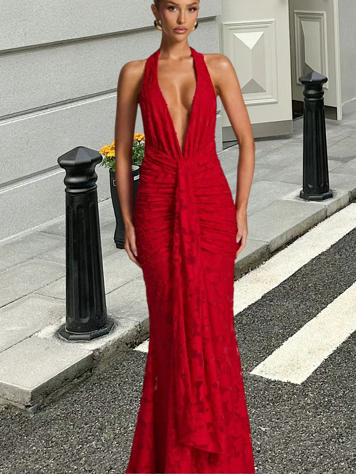 Damer Elegant Maxi Kjole med Dyp V-Hals og Volangdesign