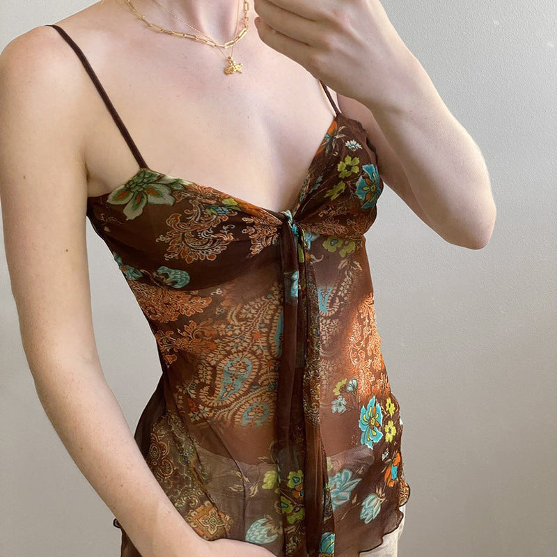Dame blomstermønster spaghetti-stropp topp med flytende design Skjora