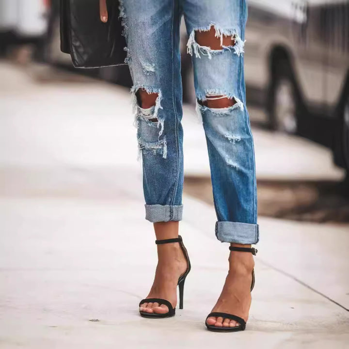 Dame Destroyed Boyfriend Jeans i en avslappet stil med høye rifter Skjora
