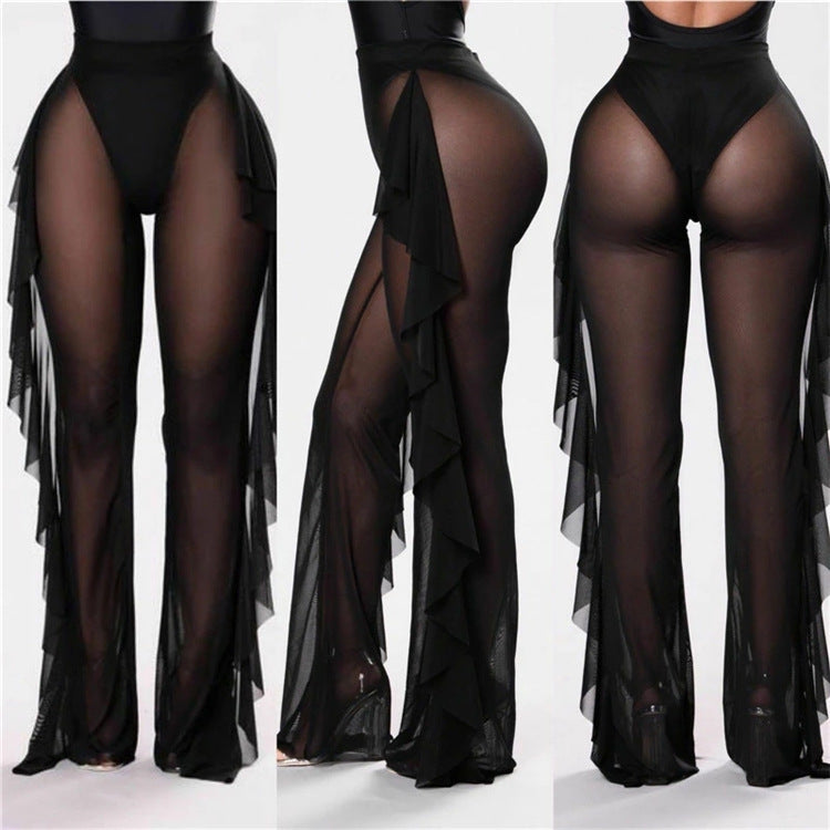 Damen transparente Strandhose mit asymmetrischem Rüschenbesatz Skjora