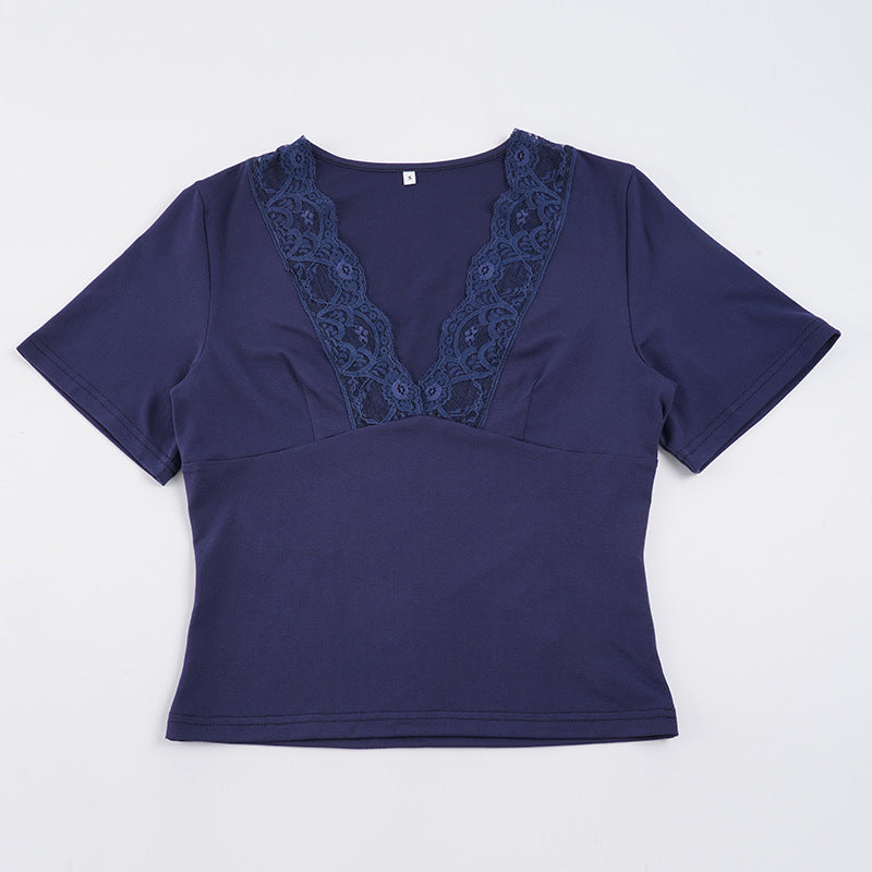 Dame elegant bluse med spiss V-hals og korte ermer Skjora