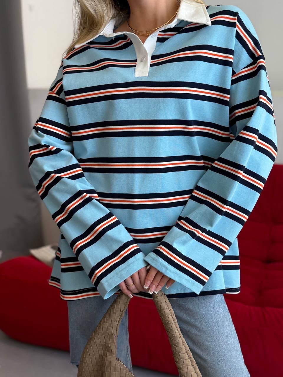 Kvinnestripet blusegenser med klassisk krage Skjora