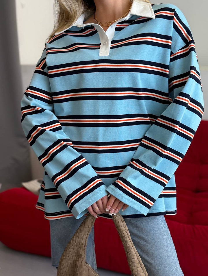 Kvinnestripet blusegenser med klassisk krage Skjora