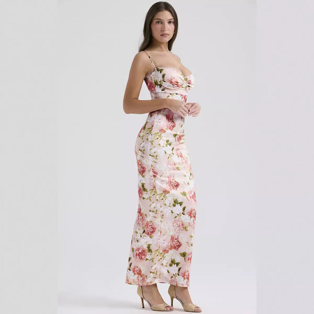 Damen Blumenkleid mit tailliertem Oberteil und schwingendem Saum Skjora