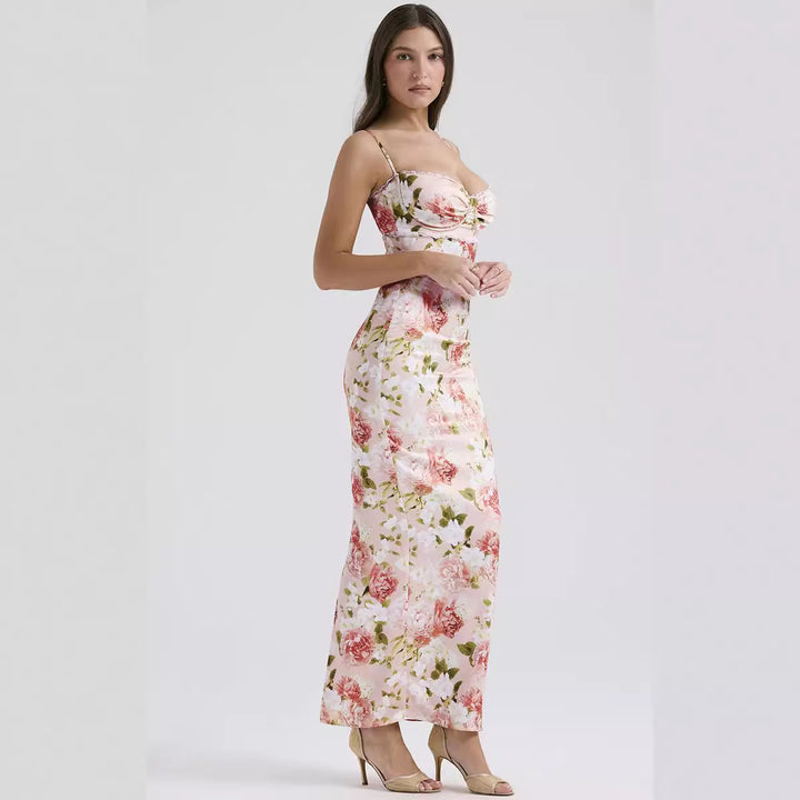 Damen Blumenkleid mit tailliertem Oberteil und schwingendem Saum Skjora