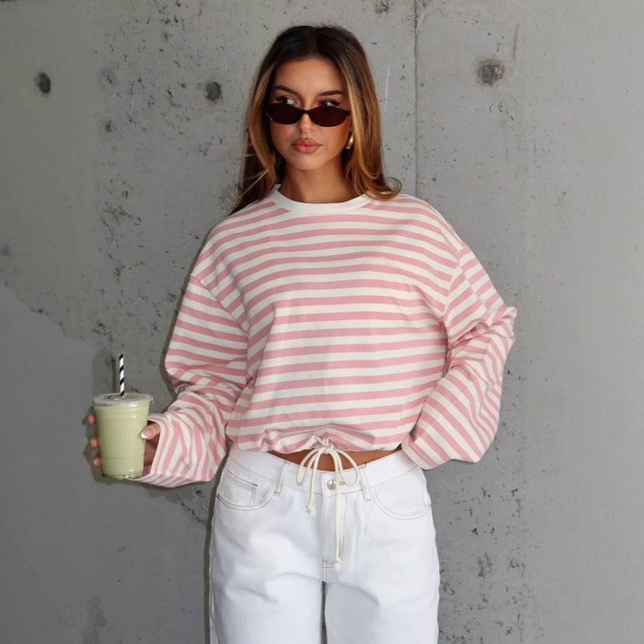 Kvinnenes cropped sweatshirt med striper og elastisk midjebånd Skjora