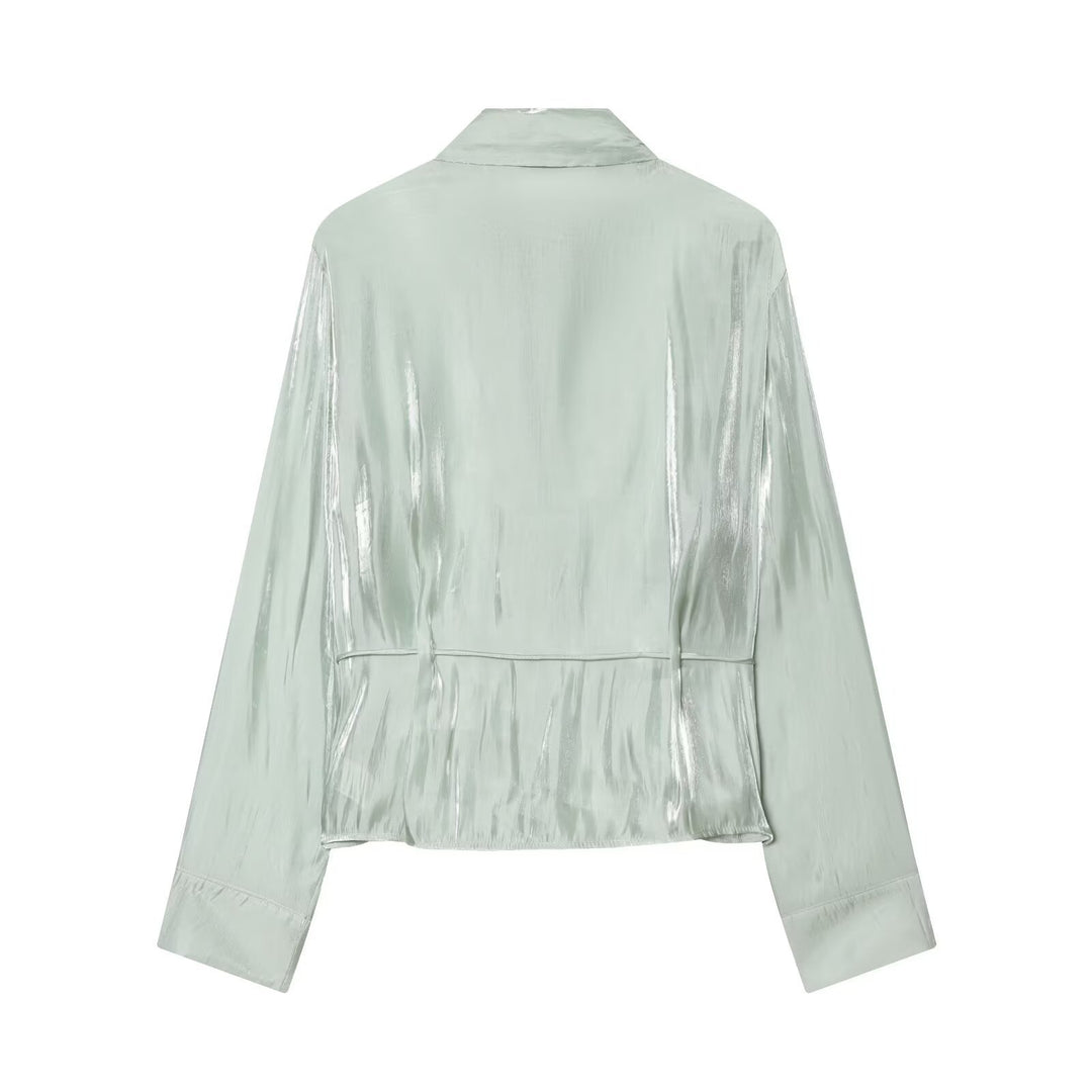 Damer glitrende bluse med justerbar midje og elegant krage Skjora