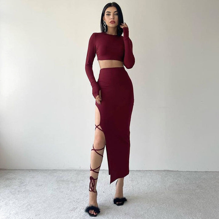 Women's Elegant Long-Sleeved High-Waisted Top with Side Slit Cut-out Skirt