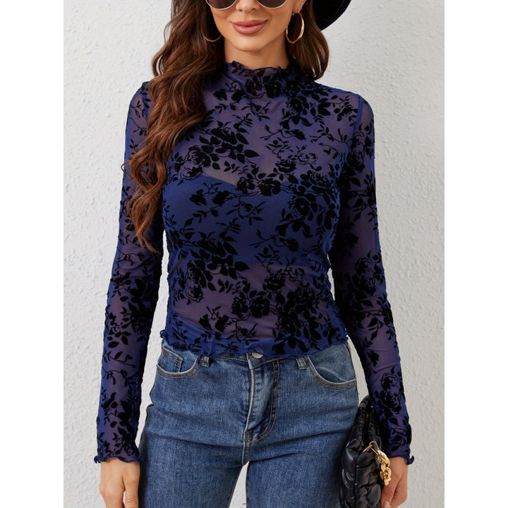 Dame Langermet T-skjorte med blomstret chiffon og transparente detaljer Skjora