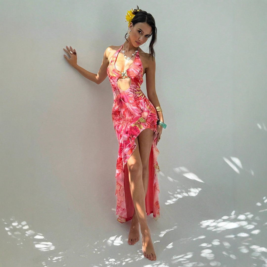 Dame Maxikjole med elegant cut-out-design og florale accenter Skjora