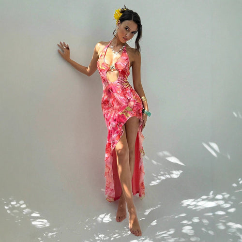Dame Maxikjole med elegant cut-out-design og florale accenter Skjora