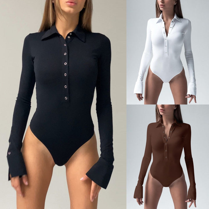 Damer langermet bodysuit med elegant krage og hel knappelist Skjora