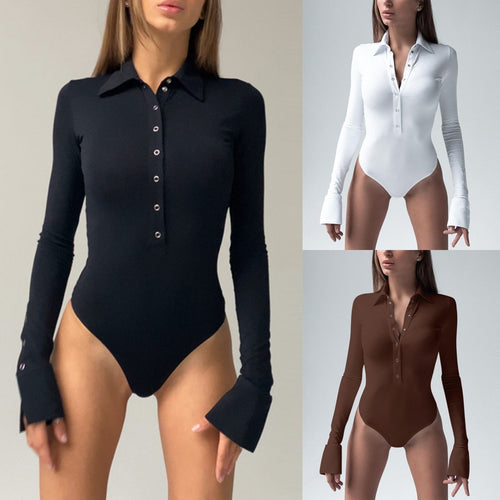 Damer langermet bodysuit med elegant krage og hel knappelist Skjora