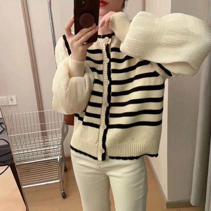 Kvinne cardigan med voluminøse ermer og stripete design Skjora