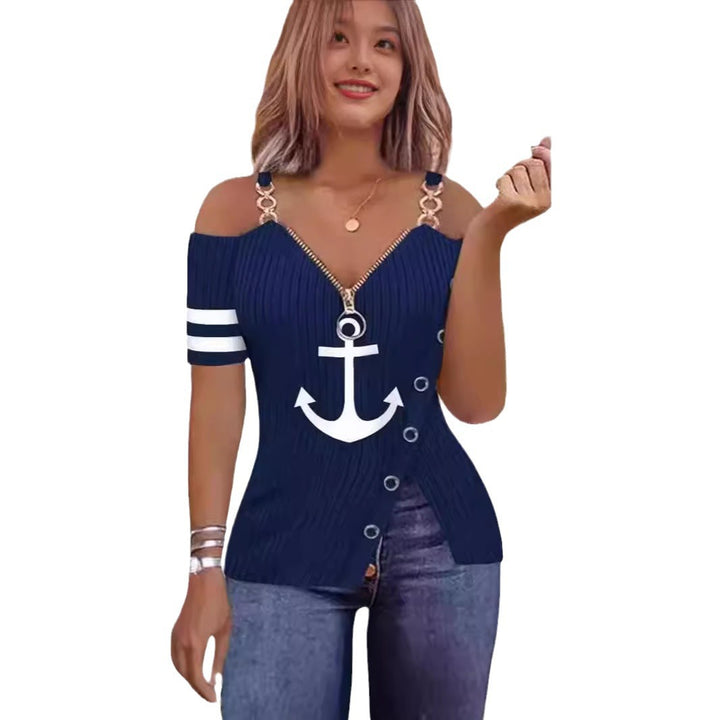 Dame Off-Shoulder topp med maritimt motiv og dekorative knapper Skjora