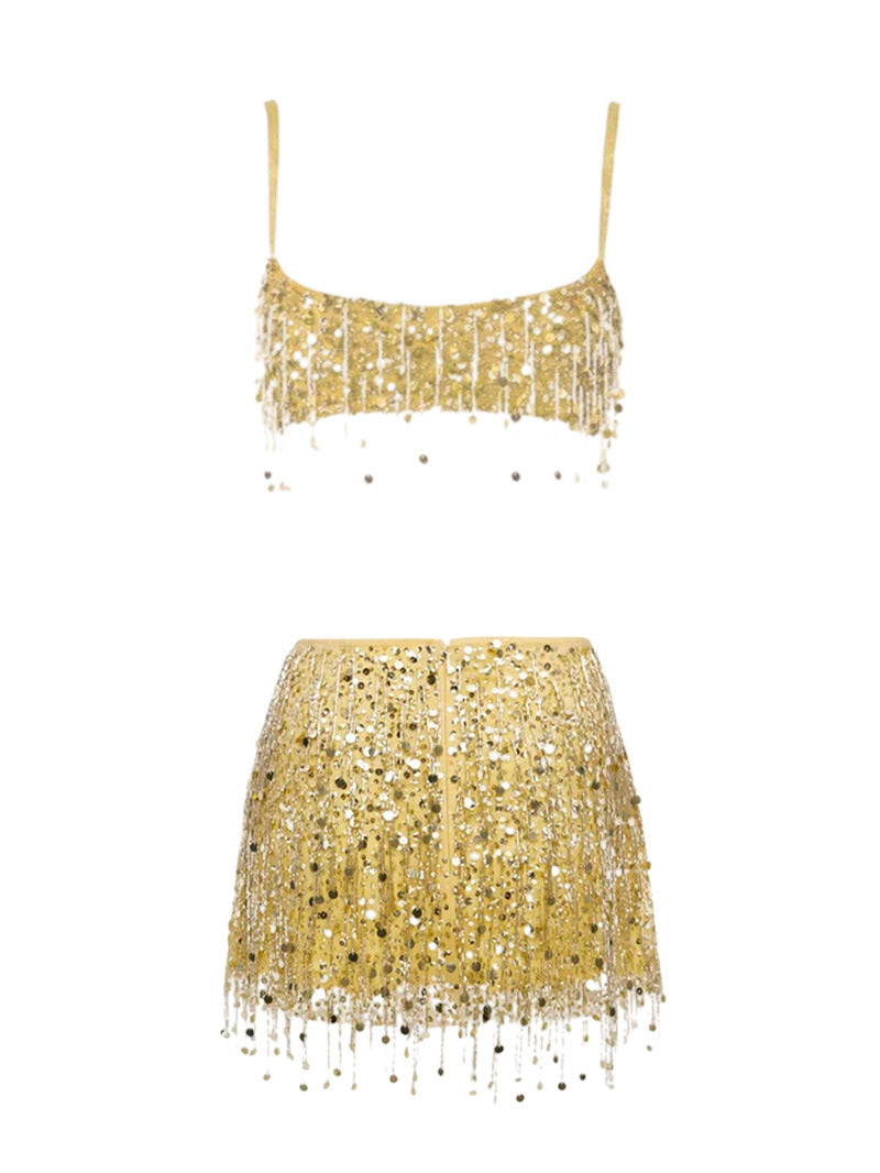 Damer Glitrende Crop-Top og Miniskjørt-sett med Frynser Skjora