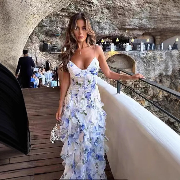 Dames Flytende Chiffon Maxi Kjole med Volangdetaljer og Blomsterakenter Skjora