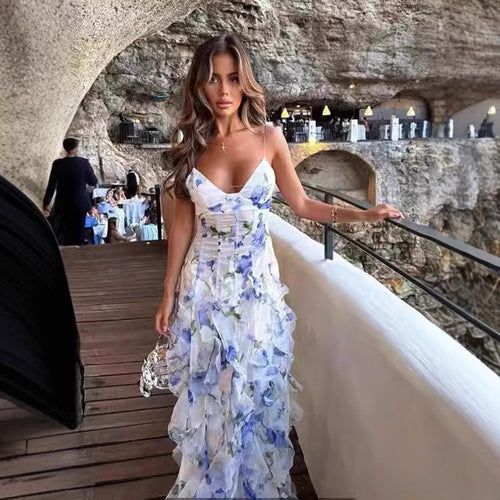 Dames Flytende Chiffon Maxi Kjole med Volangdetaljer og Blomsterakenter Skjora