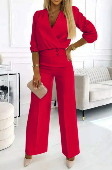 Kvinne elegant jumpsuit med omslagstopp og høyt liv ben Skjora