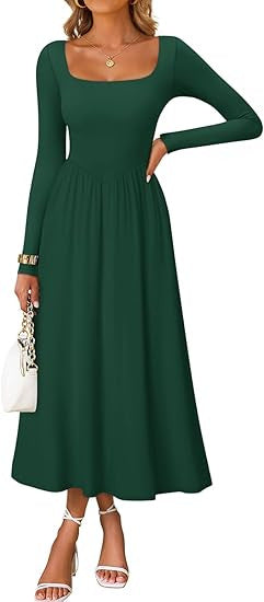 Women's elegant midi dress with square neckline and long sleeves Skjora