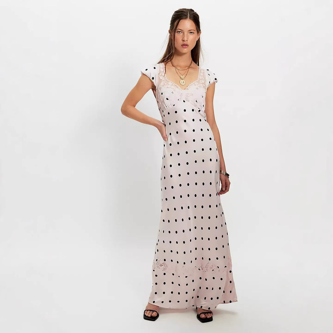 Damen Elegantes Maxikleid mit Polka-Dots und romantischem Rückenausschnitt Skjora