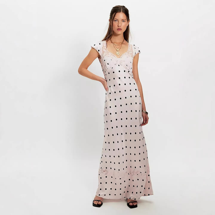 Damen Elegantes Maxikleid mit Polka-Dots und romantischem Rückenausschnitt Skjora
