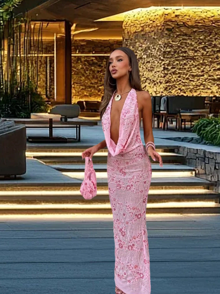 Kvinnes Elegant Maxi Kjole med Sofistikert Drapering Design og Blomster Mønster