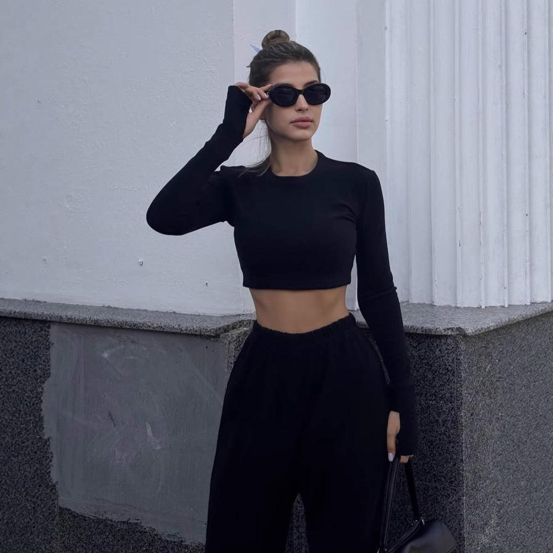 Kvinne Crop Fleece Topp med Bred Bukse Skjora